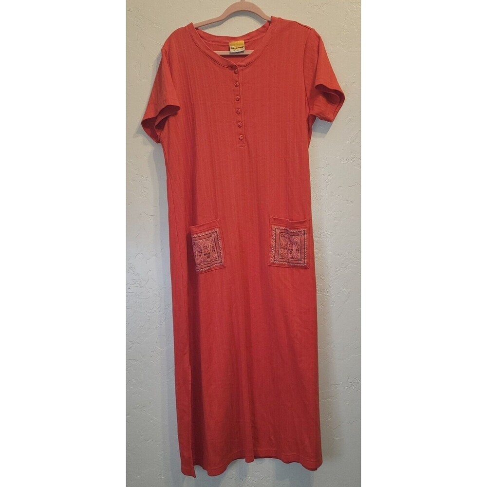 Done Down Under Womens XL Ribbed Henley Maxi Dress Orange Tropical Beach Travel
